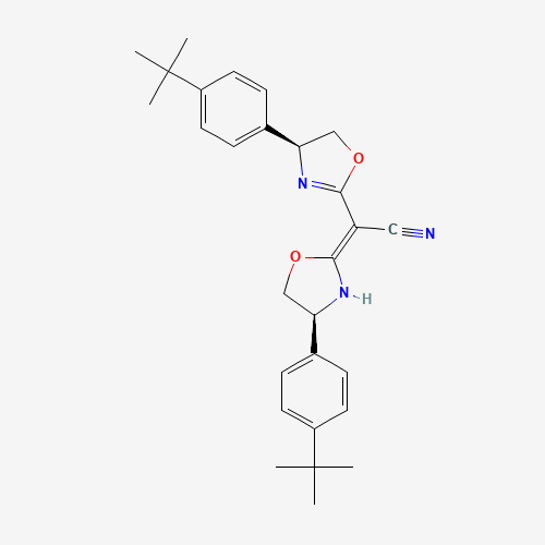 (4S)-(+)-4-[4-(tert-butyl)phenyl]-α-[(4S)-4-[4-(tert-butyl)phenyl]-2-oxazolidinylidene]-2-oxazolineacetonitrile molecular structure